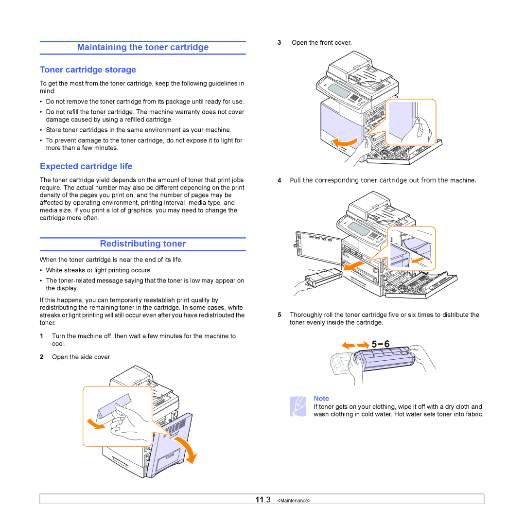 Samsung CLX-8380 Maintaining the toner cartridge, Redistributing toner, Toner cartridge storage, Expected cartridge life 