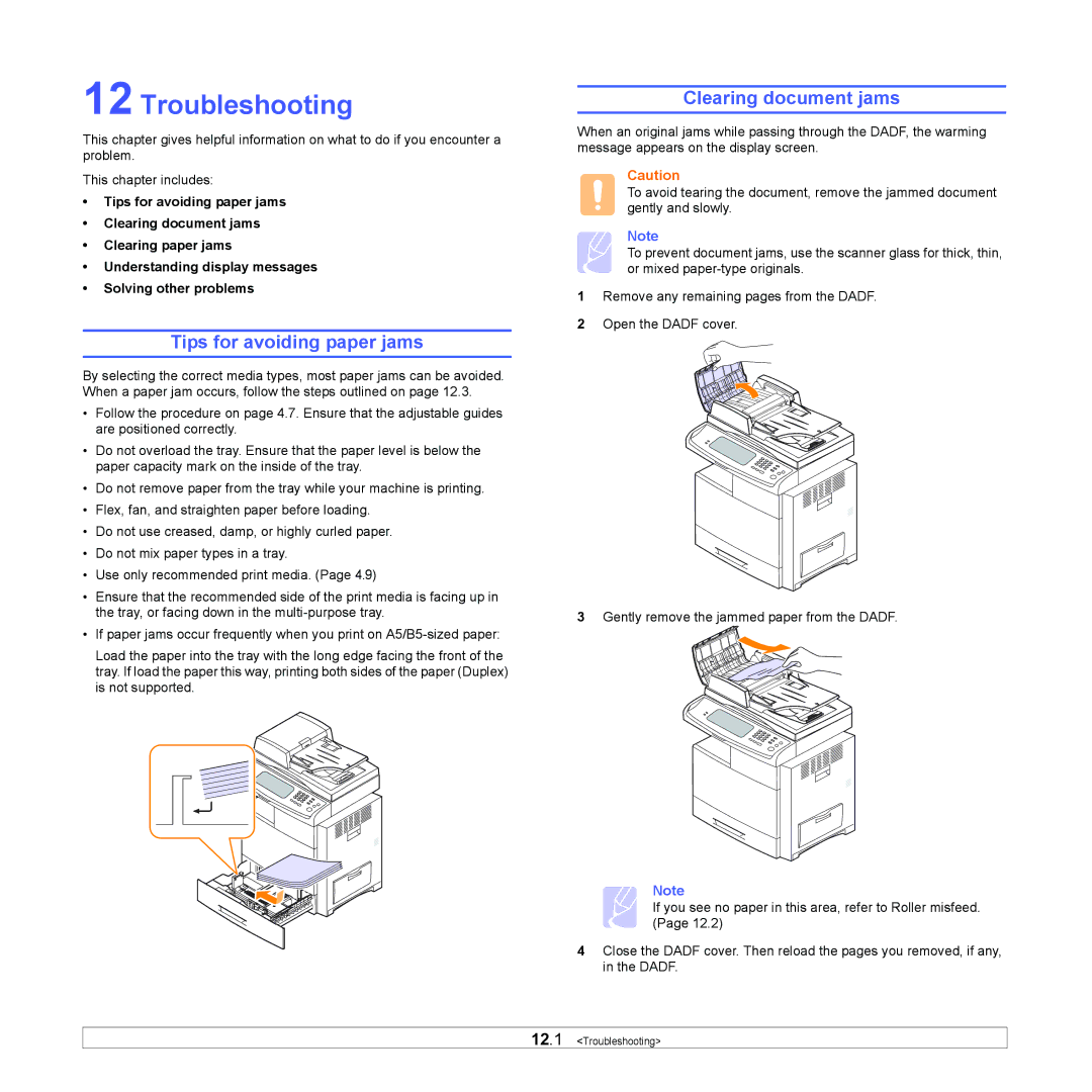 Samsung CLX-8380 manual Troubleshooting, Tips for avoiding paper jams, Clearing document jams 