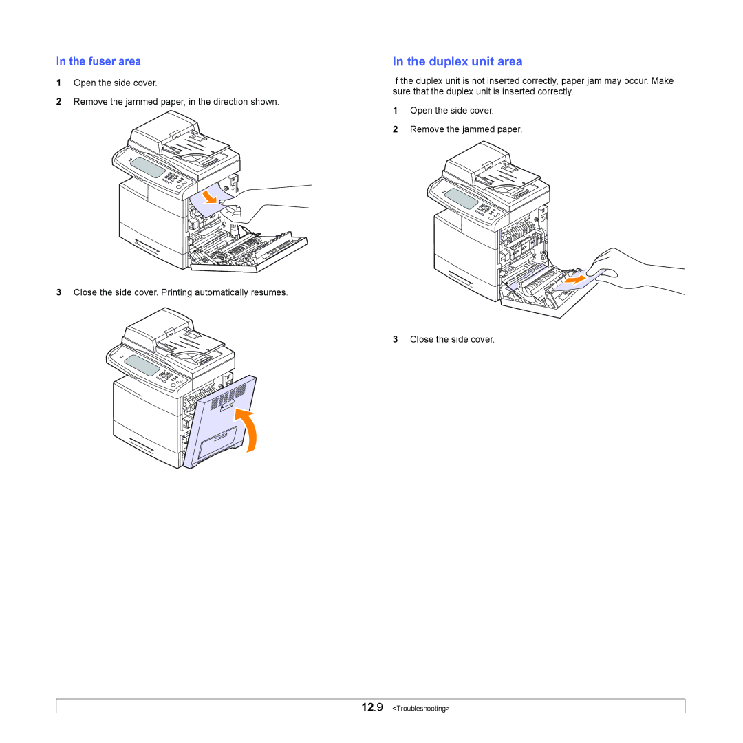 Samsung CLX-8380ND manual Fuser area, Duplex unit area 