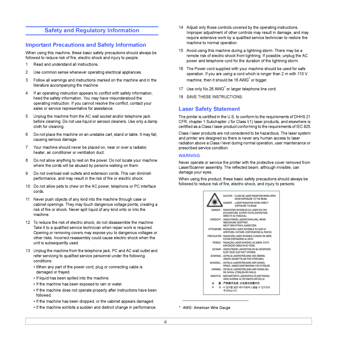 Samsung CLX-8380ND Safety and Regulatory Information, Important Precautions and Safety Information, Laser Safety Statement 