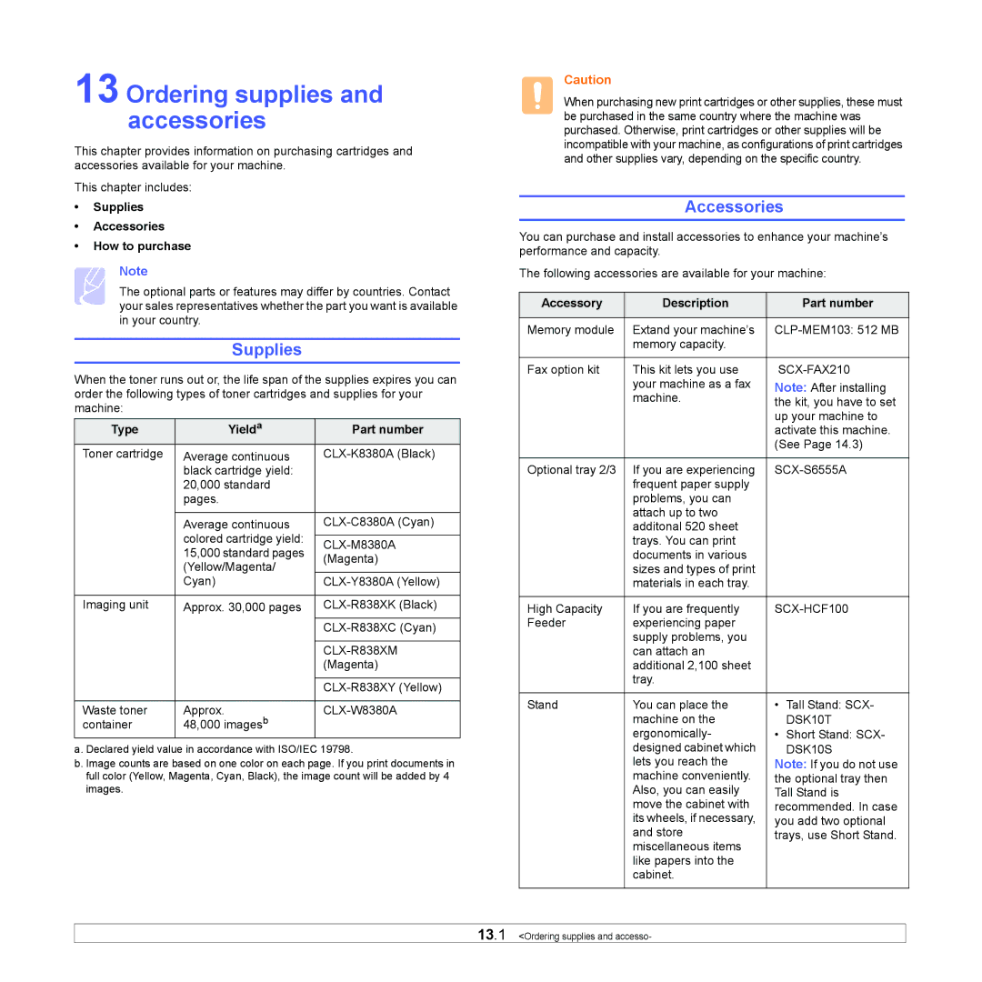 Samsung CLX-8380ND manual Ordering supplies and accessories, Supplies, Accessories 