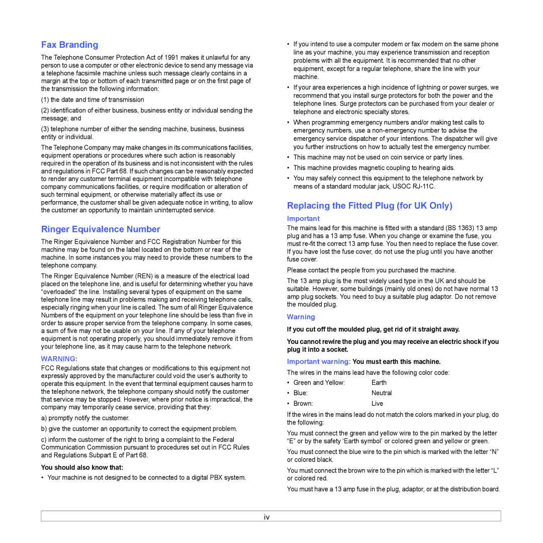 Samsung CLX-8380ND manual Fax Branding, Ringer Equivalence Number, Replacing the Fitted Plug for UK Only 