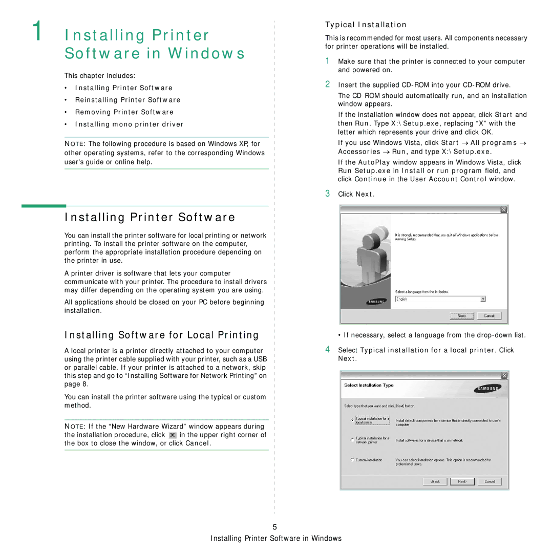 Samsung CLX-8380ND manual Installing Printer Software, Installing Software for Local Printing 