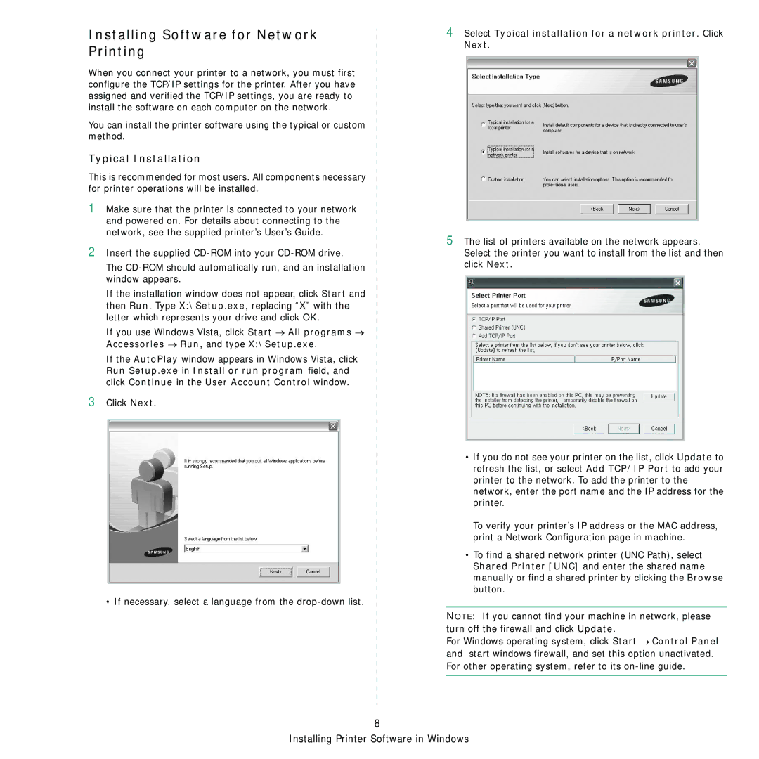 Samsung CLX-8380ND manual Installing Software for Network Printing 