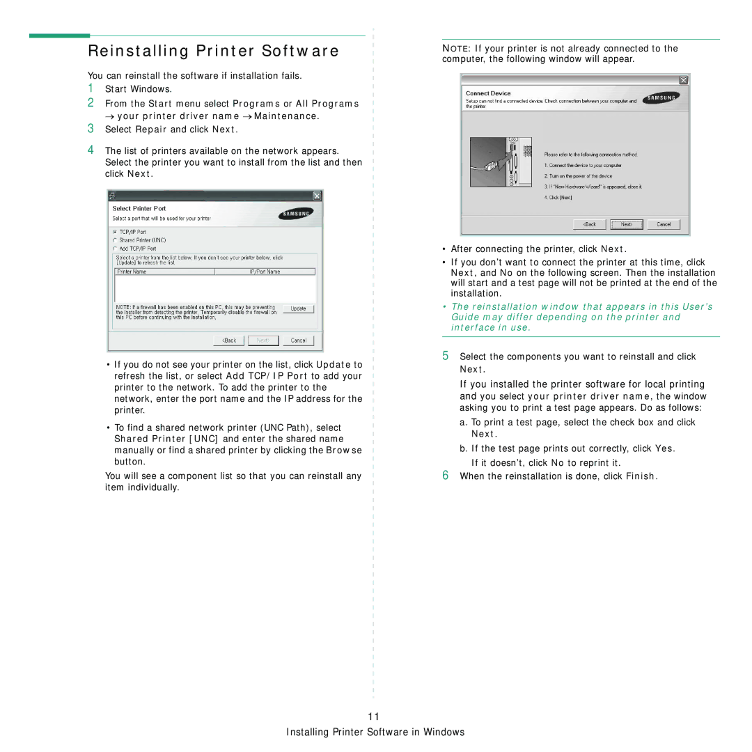 Samsung CLX-8380ND manual Reinstalling Printer Software, Select the components you want to reinstall and click Next 