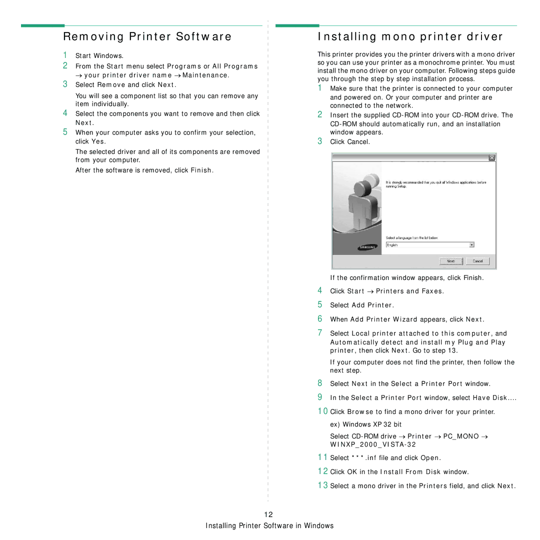 Samsung CLX-8380ND Removing Printer Software, Installing mono printer driver, Click OK in the Install From Disk window 