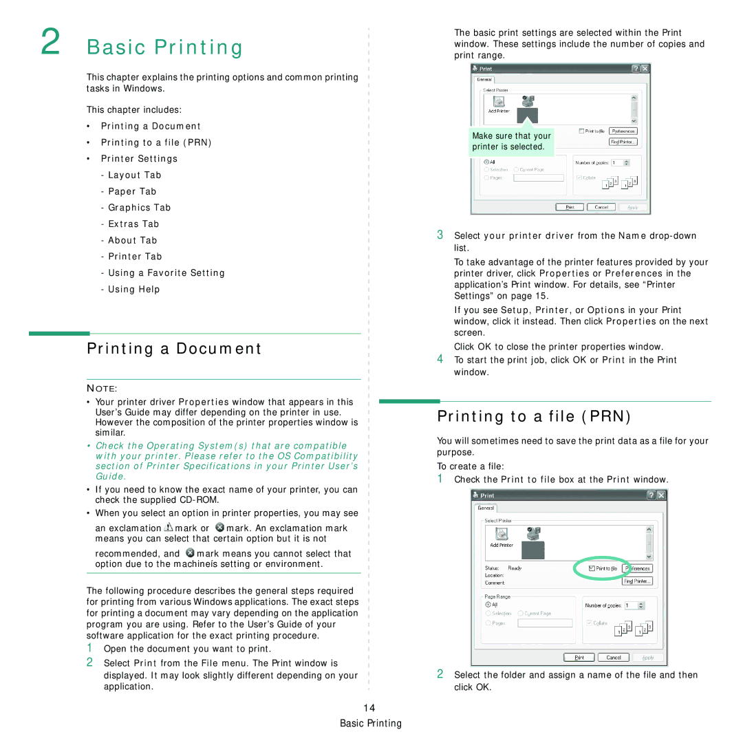 Samsung CLX-8380ND Printing a Document, Printing to a file PRN, Select your printer driver from the Name drop-down list 