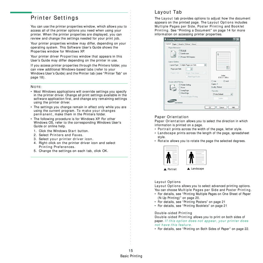 Samsung CLX-8380ND Printer Settings, Layout Tab, Select Printers and Faxes Select your printer driver icon, Layout Options 