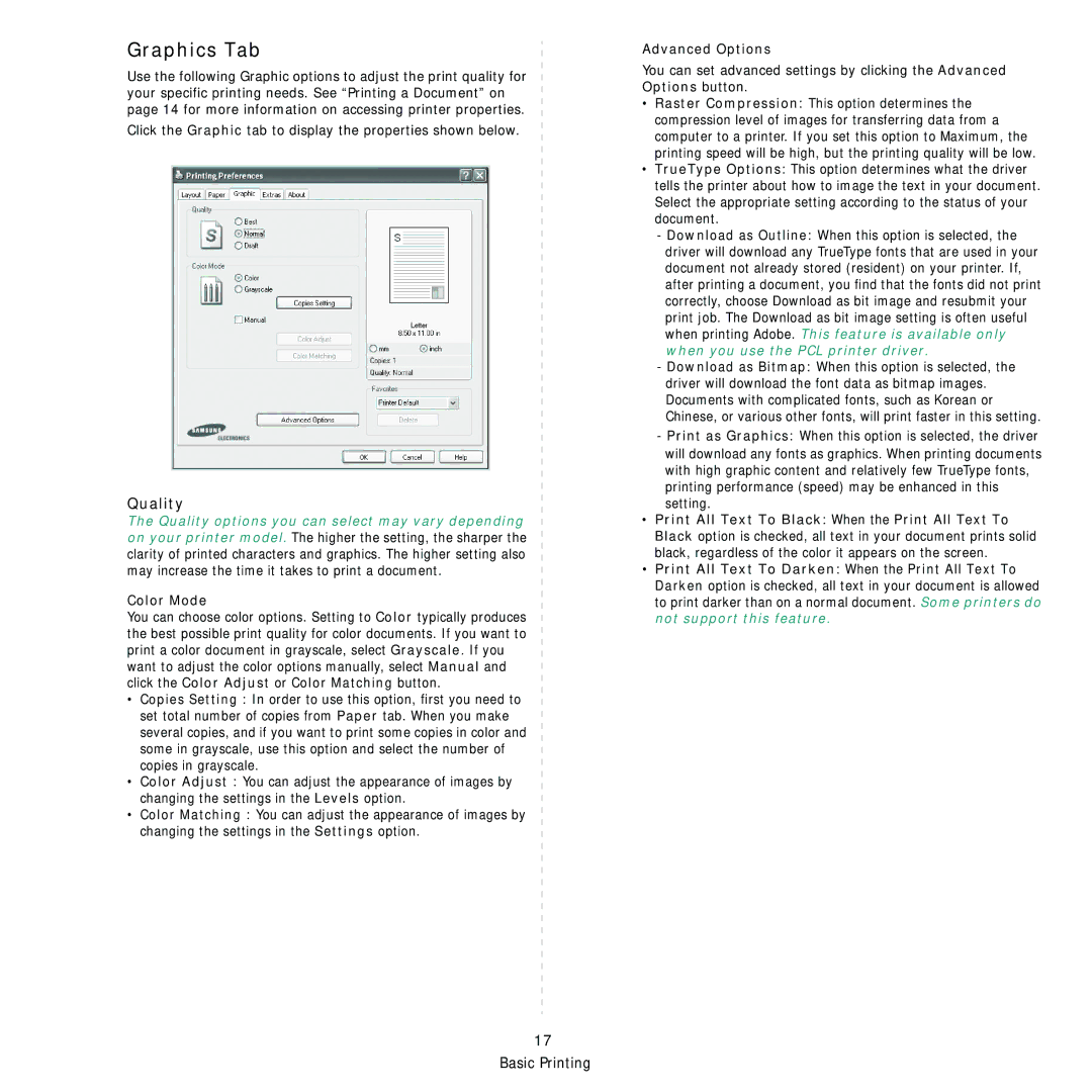 Samsung CLX-8380ND manual Graphics Tab, Color Mode, Advanced Options 