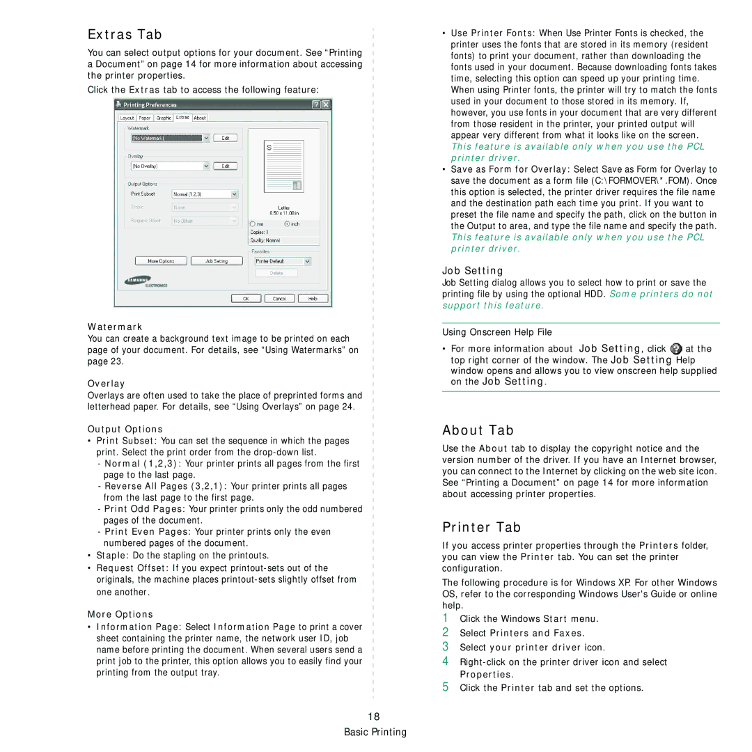 Samsung CLX-8380ND manual Extras Tab, About Tab, Printer Tab 