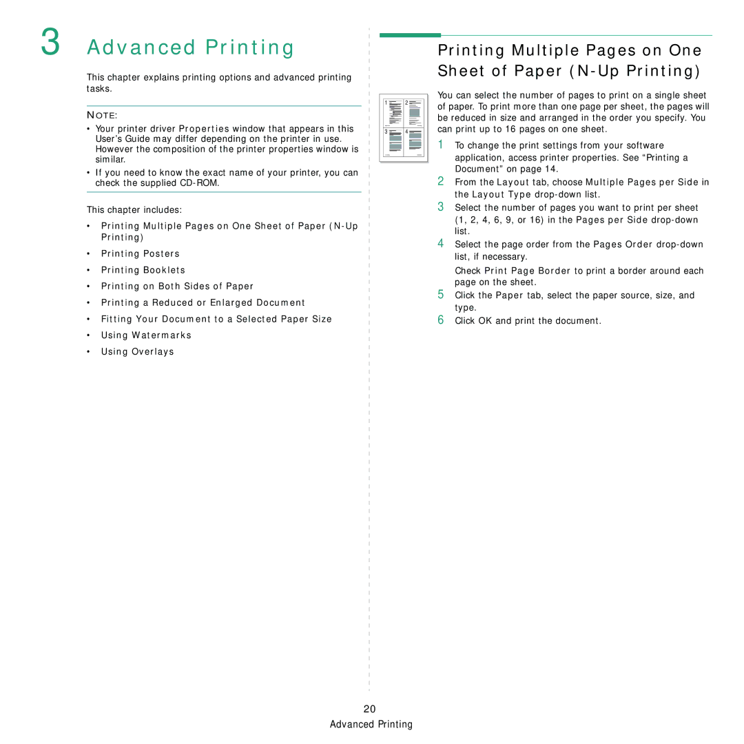 Samsung CLX-8380ND manual Advanced Printing, Printing Multiple Pages on One Sheet of Paper N-Up Printing 