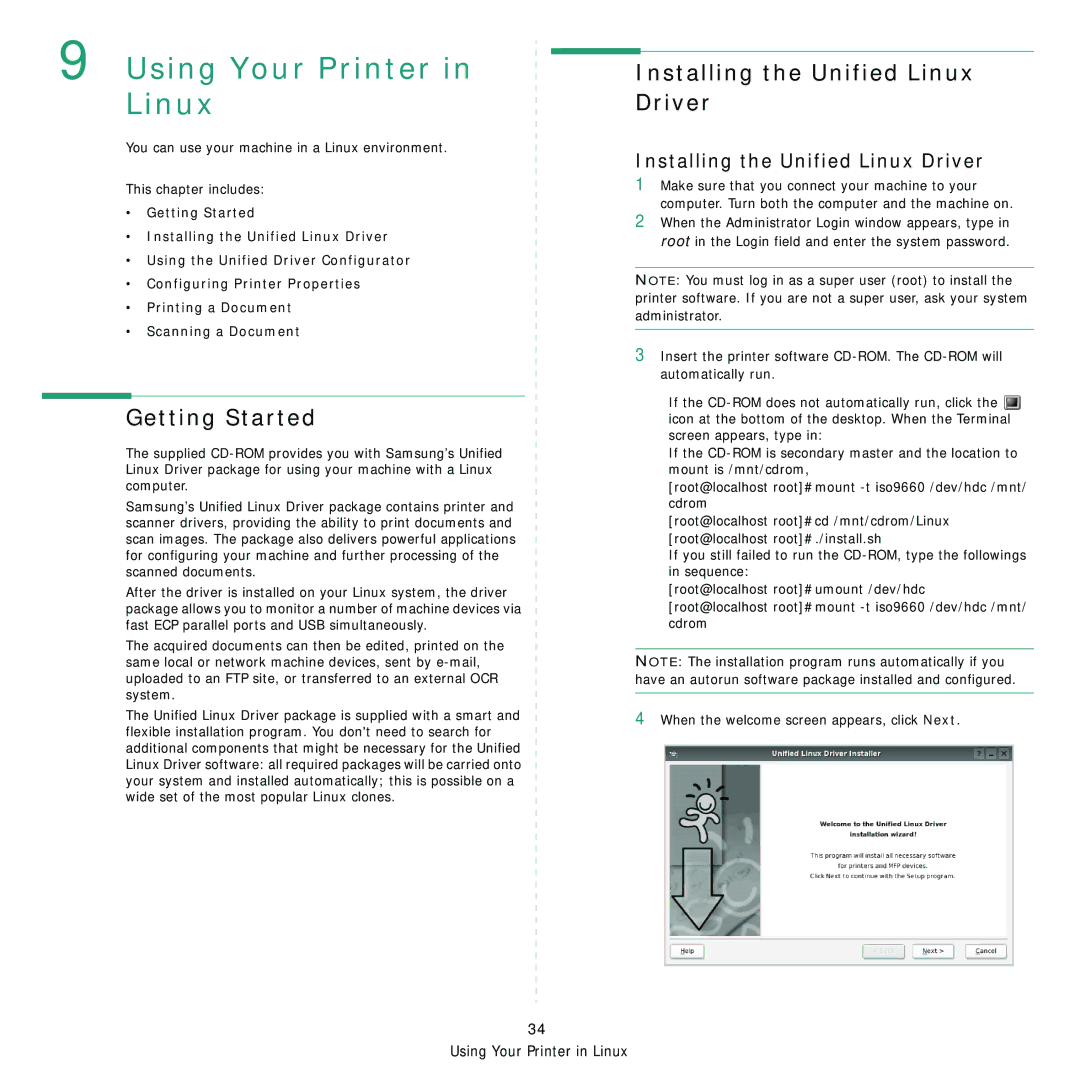 Samsung CLX-8380ND manual Getting Started, Installing the Unified Linux Driver 