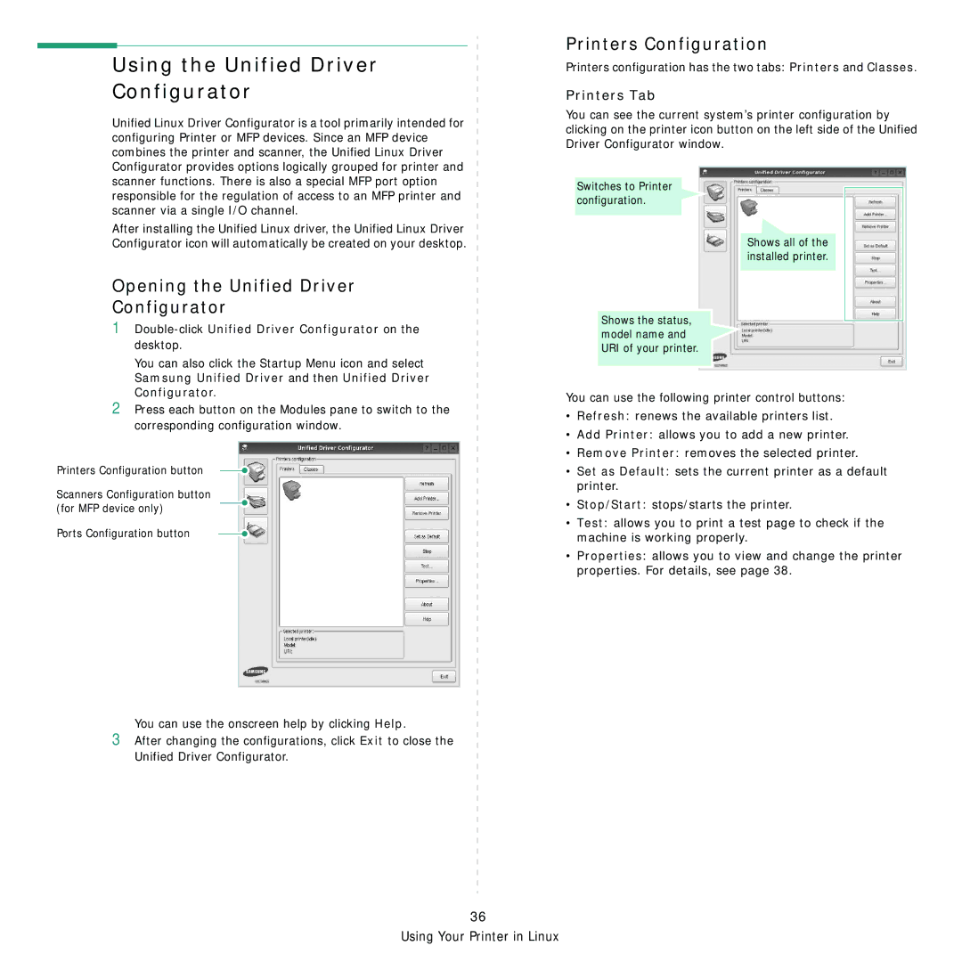 Samsung CLX-8380ND Using the Unified Driver Configurator, Printers Configuration, Opening the Unified Driver Configurator 