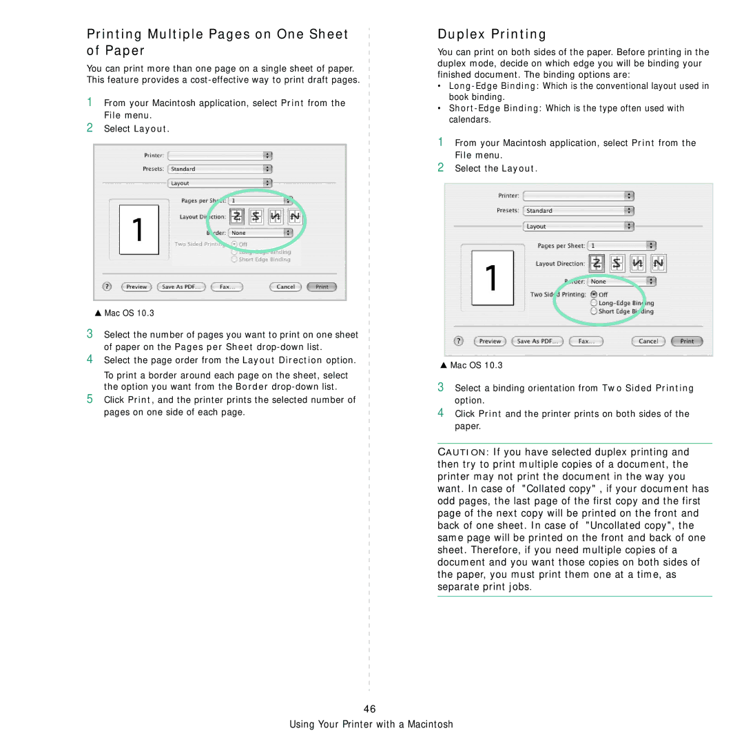 Samsung CLX-8380ND manual Printing Multiple Pages on One Sheet of Paper, Duplex Printing 