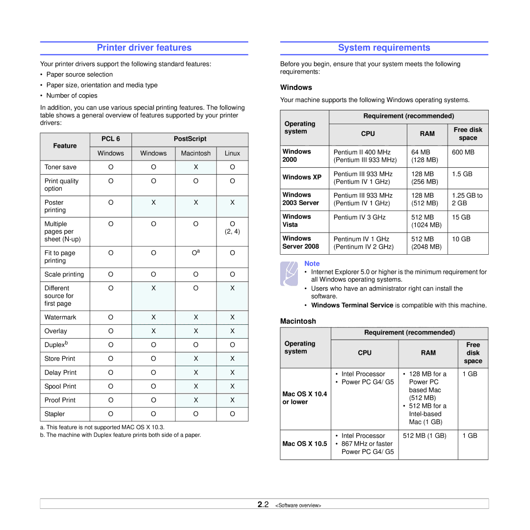 Samsung CLX-8380ND manual Printer driver features, System requirements, Windows, Macintosh 