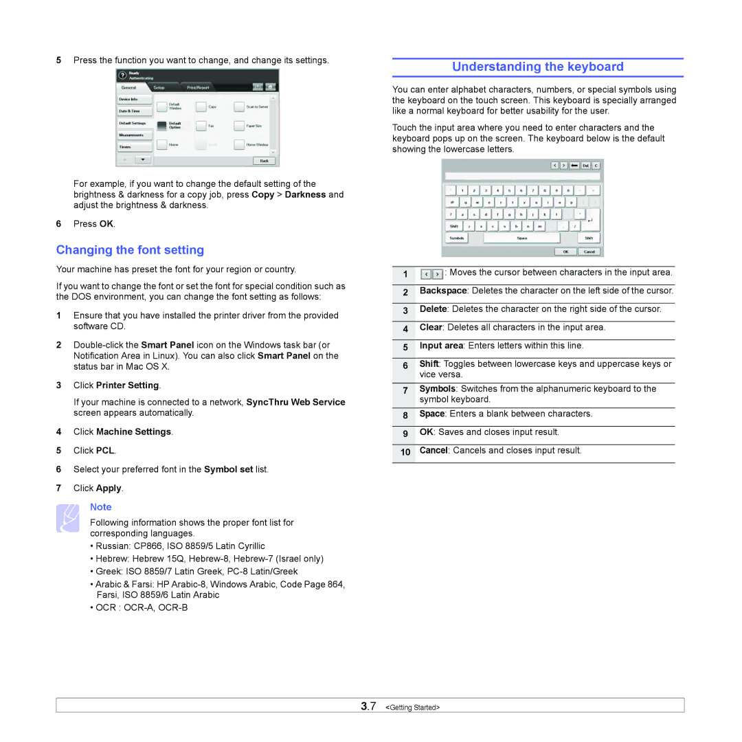 Samsung CLX-8380ND Understanding the keyboard, Changing the font setting, Click Printer Setting, Click Machine Settings 