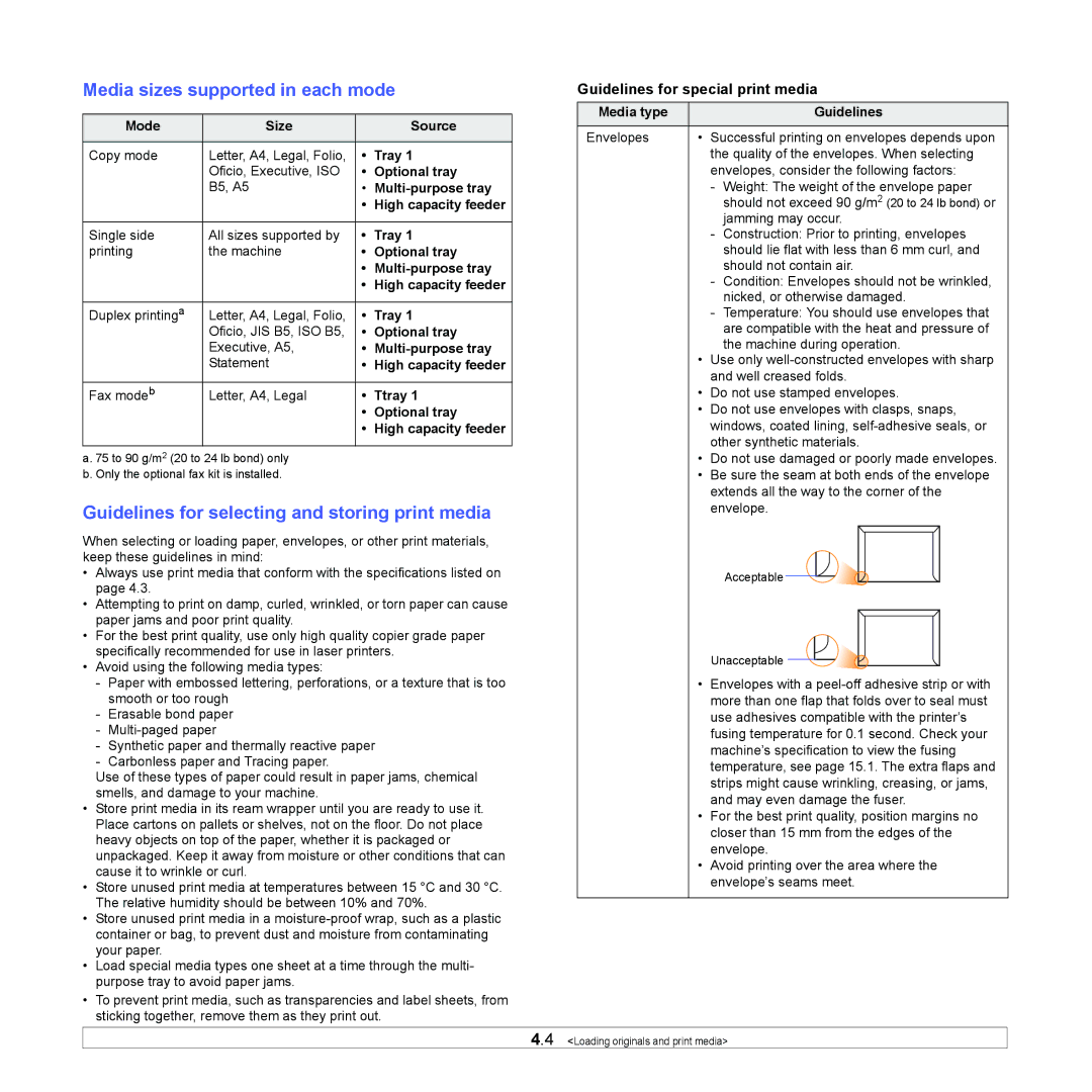 Samsung CLX-8380ND manual Media sizes supported in each mode, Guidelines for selecting and storing print media 