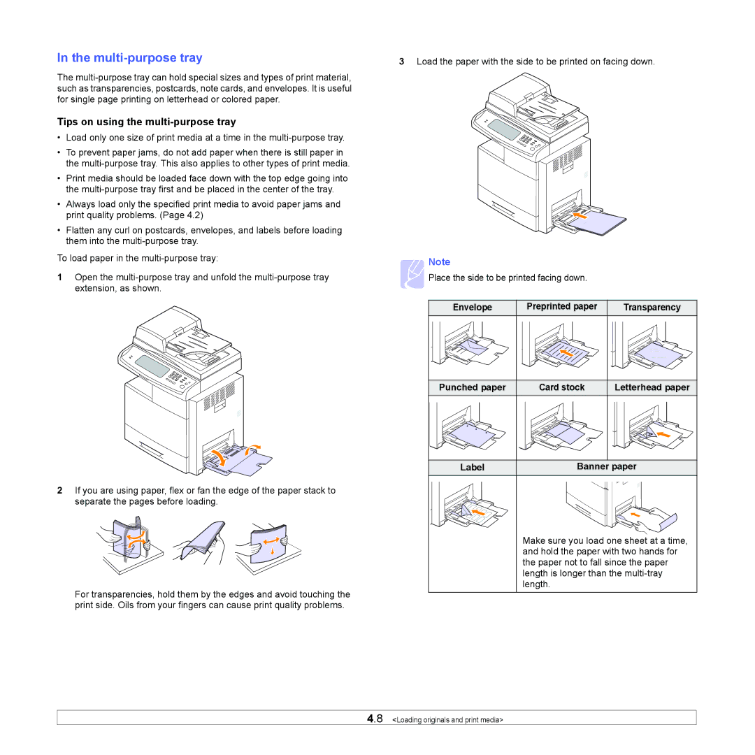 Samsung CLX-8380ND manual Multi-purpose tray, Tips on using the multi-purpose tray, Envelope, Label Banner paper 