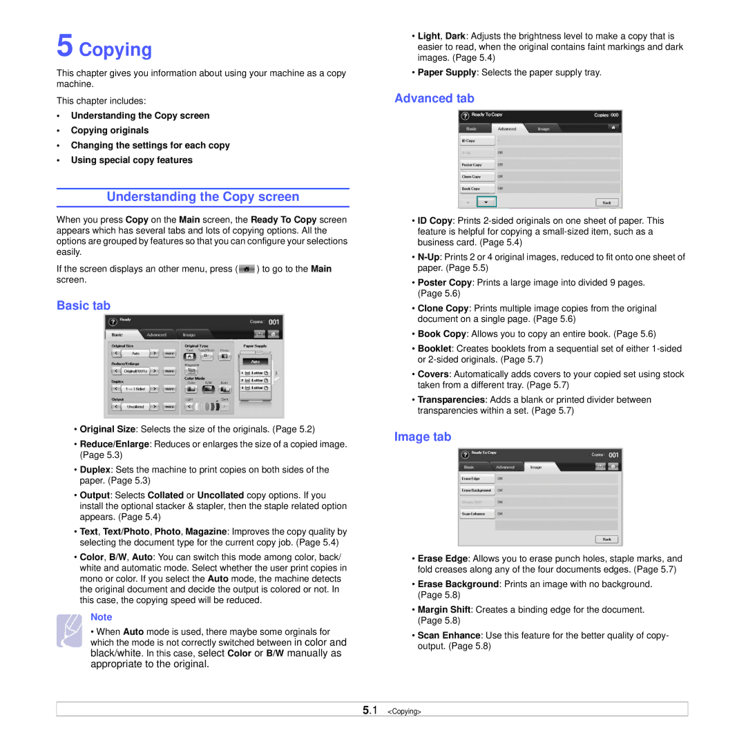 Samsung CLX-8380ND manual Copying, Understanding the Copy screen, Basic tab, Advanced tab, Image tab 