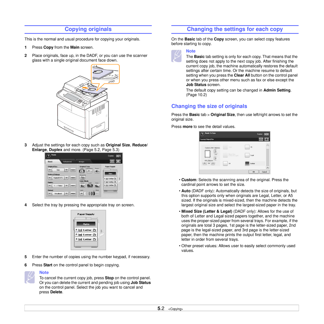 Samsung CLX-8380ND manual Copying originals, Changing the settings for each copy, Changing the size of originals 