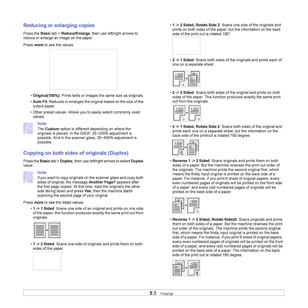 Samsung CLX-8380ND manual Reducing or enlarging copies, Copying on both sides of originals Duplex 