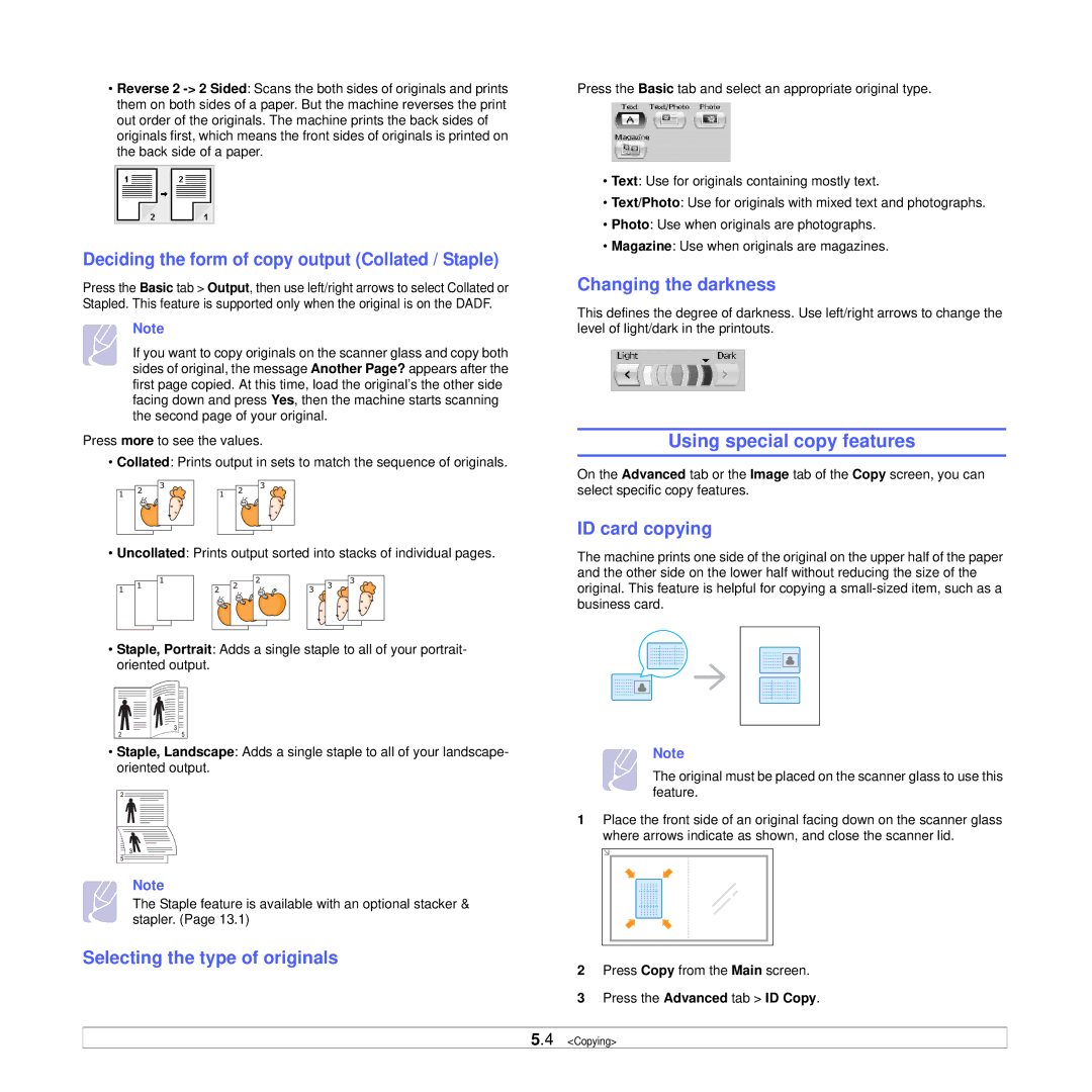 Samsung CLX-8380ND Using special copy features, Deciding the form of copy output Collated / Staple, Changing the darkness 