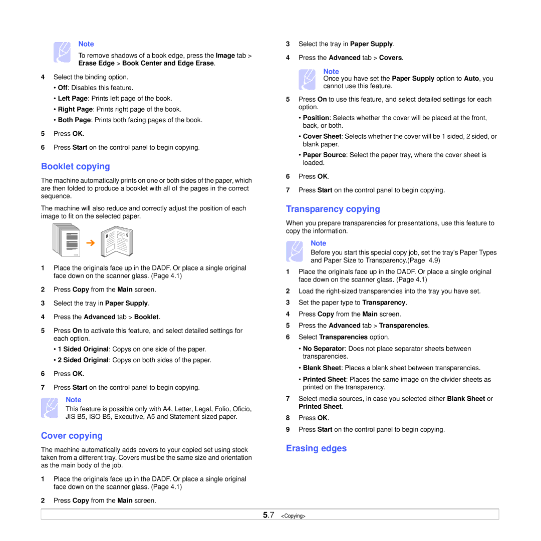 Samsung CLX-8380ND manual Booklet copying, Cover copying, Transparency copying, Erasing edges 