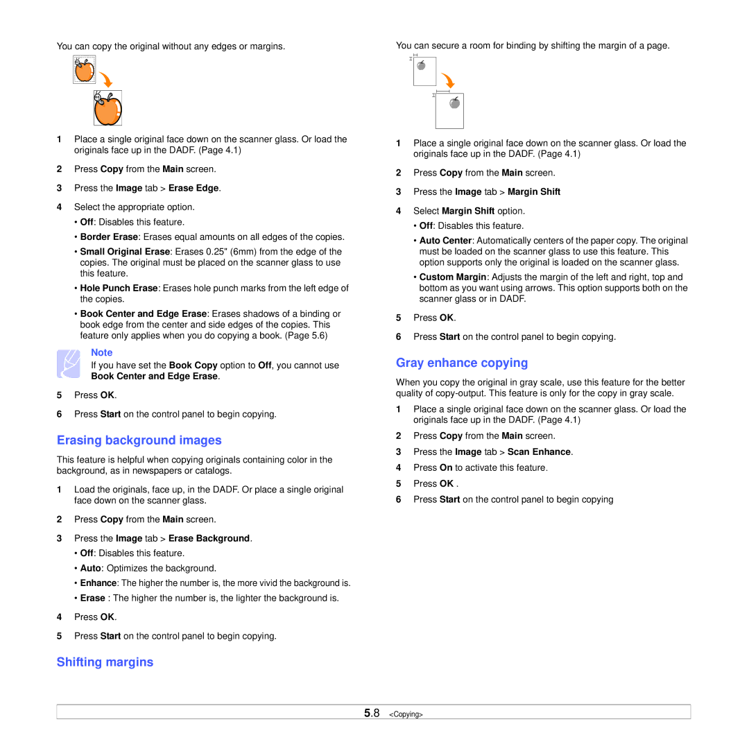 Samsung CLX-8380ND manual Erasing background images, Shifting margins, Gray enhance copying 