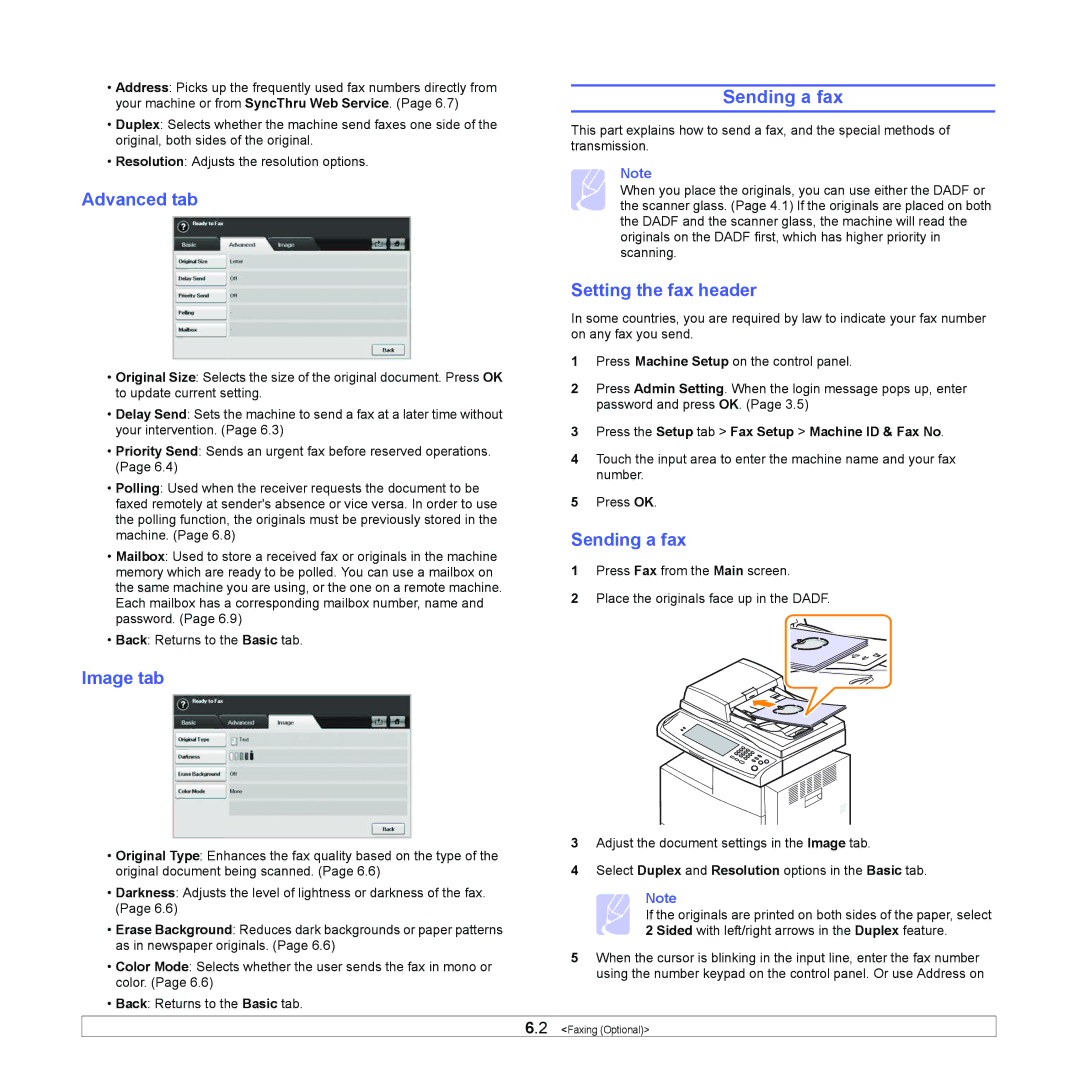 Samsung CLX-8380ND manual Sending a fax, Setting the fax header, Press the Setup tab Fax Setup Machine ID & Fax No 