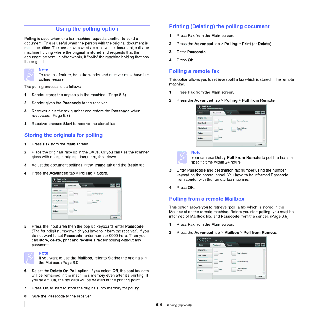 Samsung CLX-8380ND Using the polling option, Storing the originals for polling, Printing Deleting the polling document 