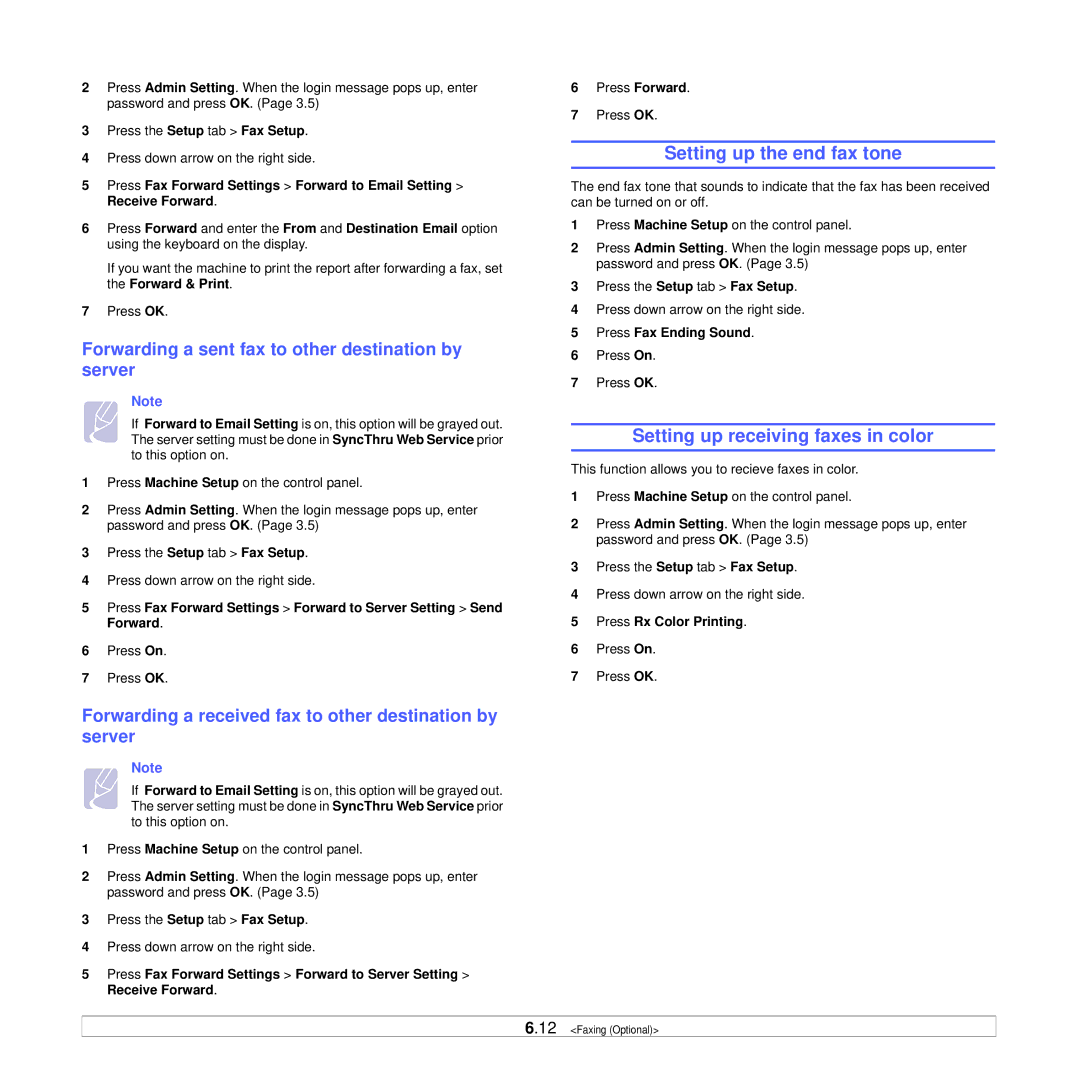 Samsung CLX-8380ND manual Setting up the end fax tone, Setting up receiving faxes in color 