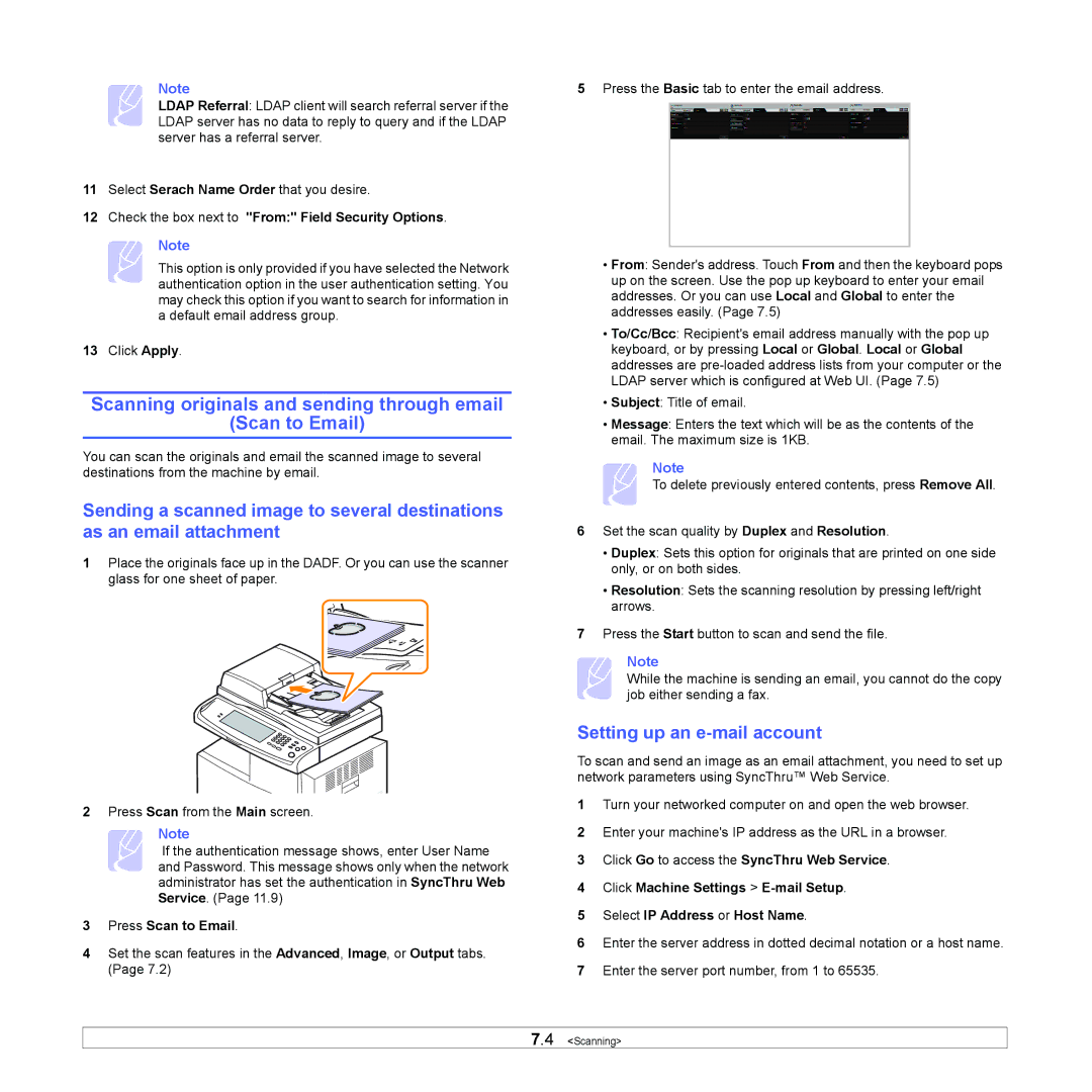 Samsung CLX-8380ND manual Scanning originals and sending through email Scan to Email, Setting up an e-mail account 