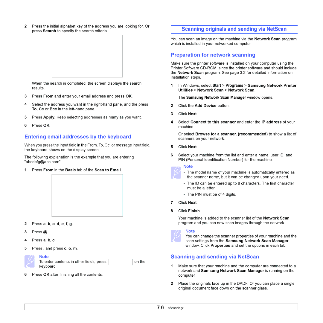 Samsung CLX-8380ND manual Scanning originals and sending via NetScan, Entering email addresses by the keyboard 