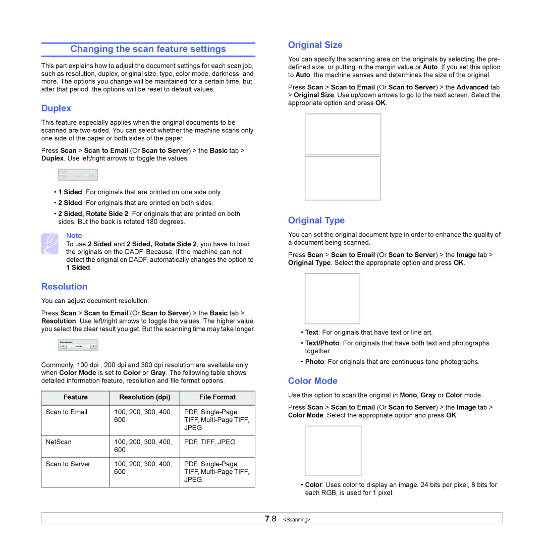 Samsung CLX-8380ND manual Changing the scan feature settings, Original Size, Feature Resolution dpi File Format 