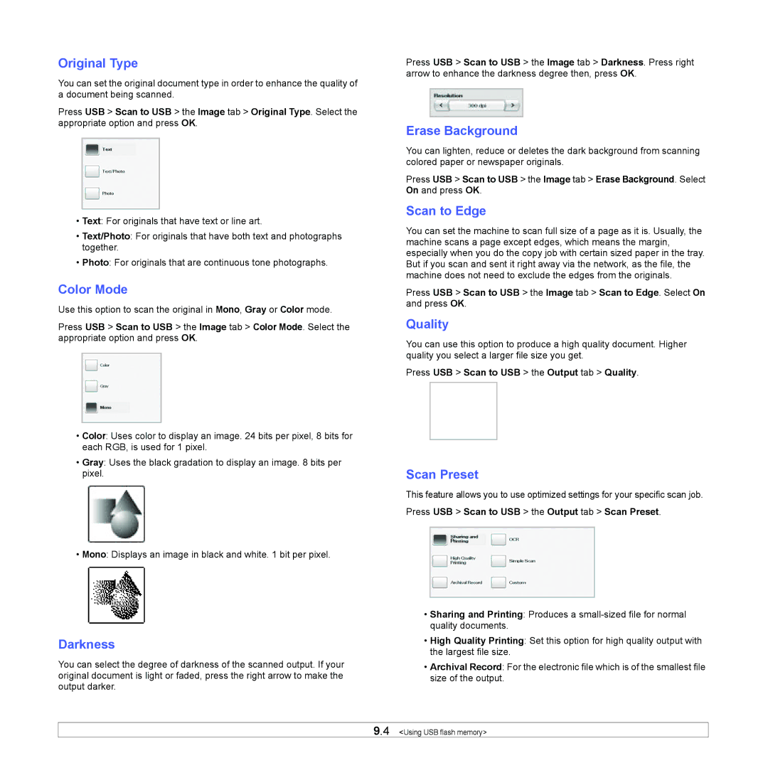 Samsung CLX-8380ND manual Press USB Scan to USB the Output tab Quality, Press USB Scan to USB the Output tab Scan Preset 