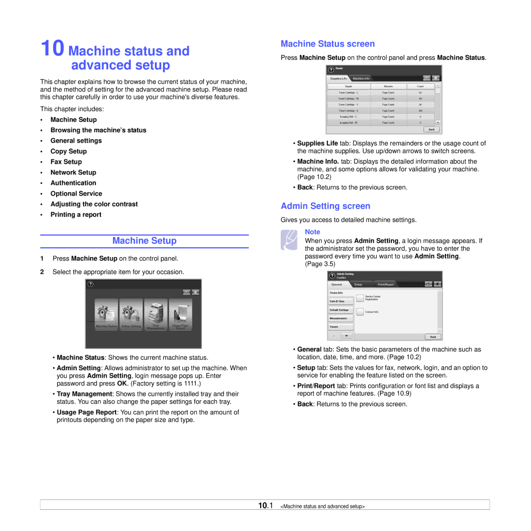 Samsung CLX-8380ND manual Machine Setup, Machine Status screen, Admin Setting screen 