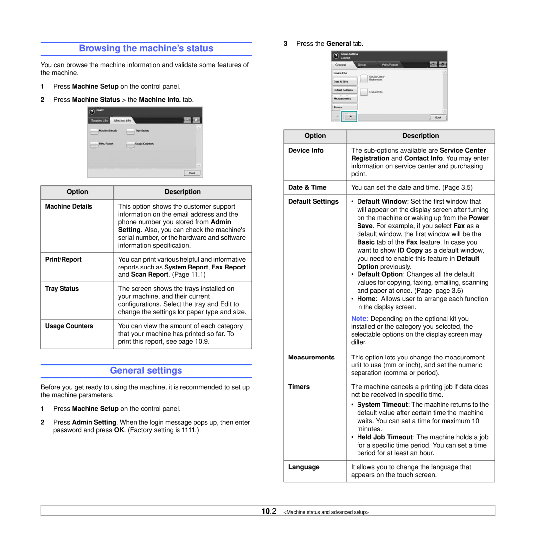 Samsung CLX-8380ND manual Browsing the machine’s status, General settings 