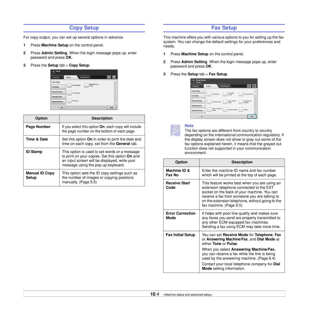 Samsung CLX-8380ND manual Copy Setup, Fax Setup 