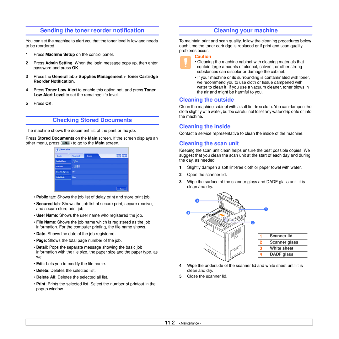 Samsung CLX-8380ND manual Sending the toner reorder notification, Checking Stored Documents, Cleaning your machine 