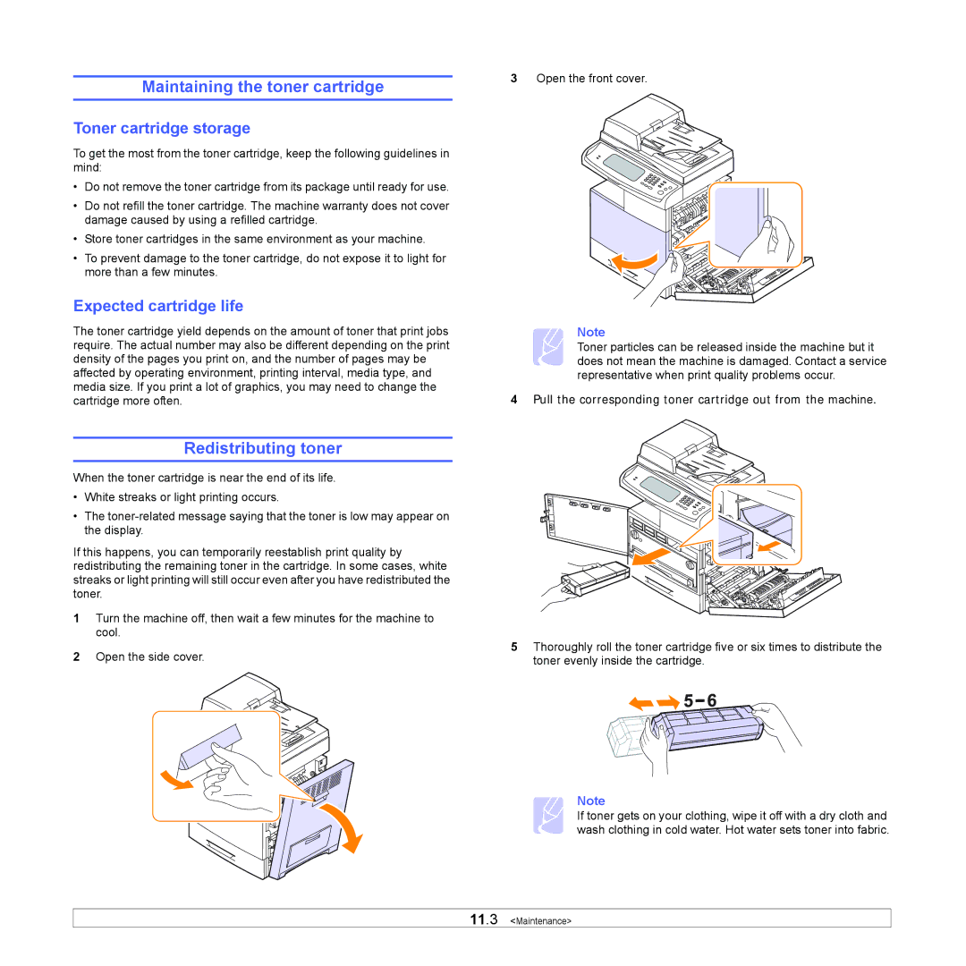 Samsung CLX-8380ND Maintaining the toner cartridge, Redistributing toner, Toner cartridge storage, Expected cartridge life 