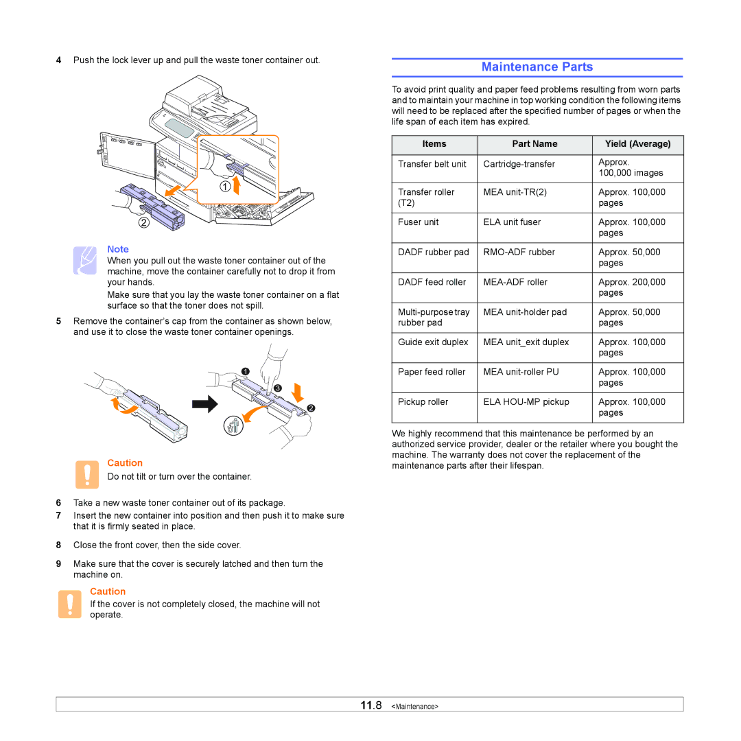 Samsung CLX-8380ND manual Maintenance Parts, Items Part Name Yield Average 