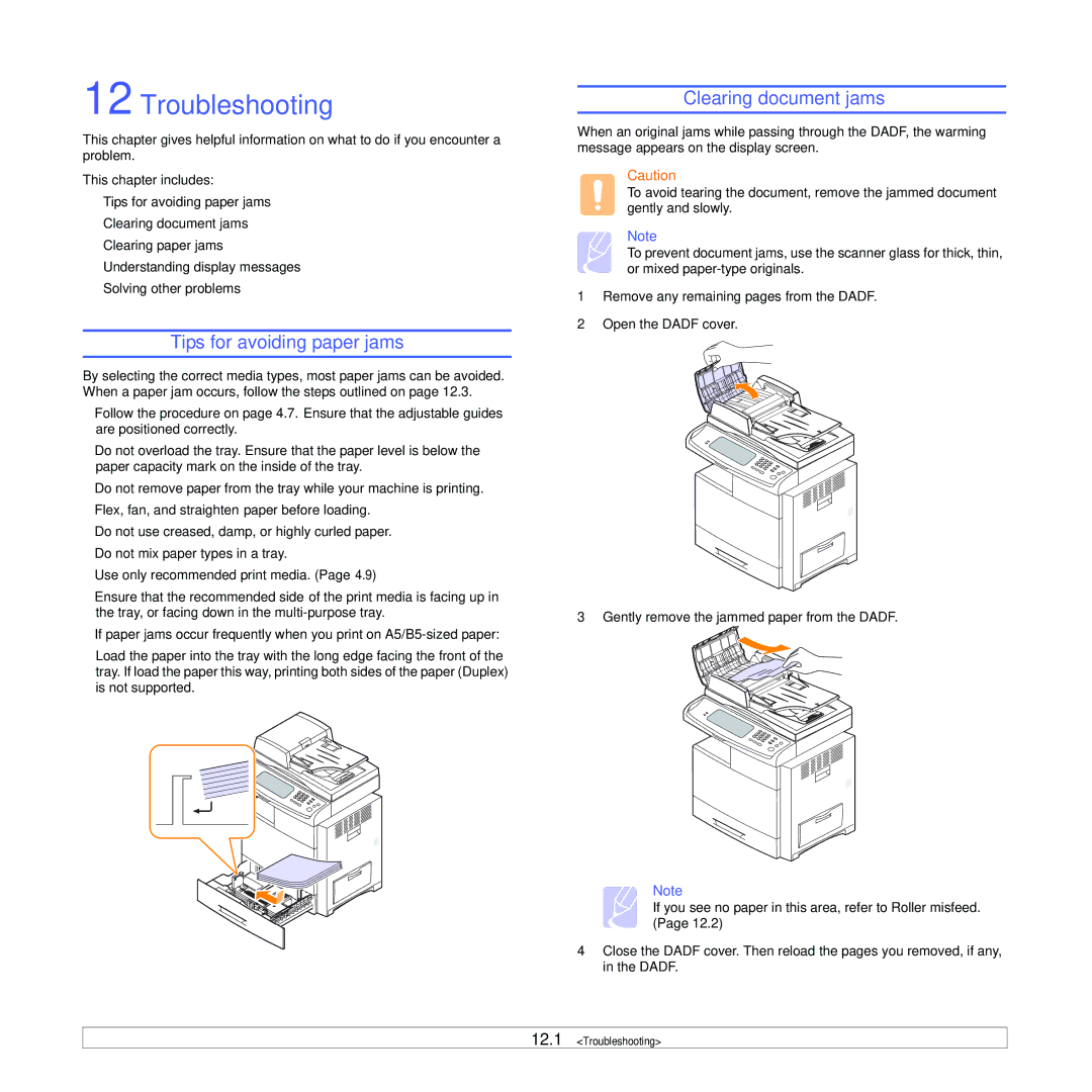 Samsung CLX-8380ND manual Troubleshooting, Tips for avoiding paper jams, Clearing document jams 