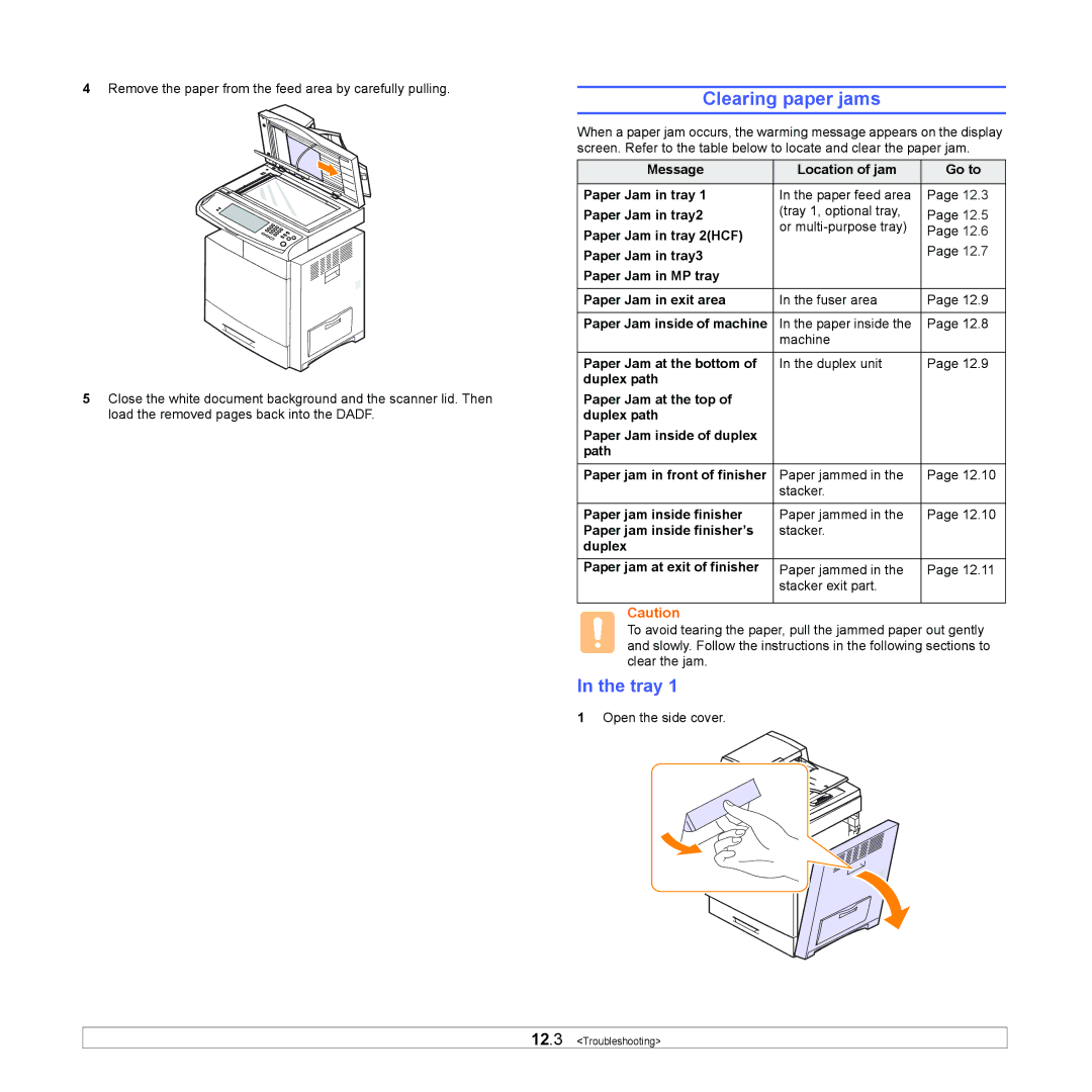 Samsung CLX-8380ND manual Clearing paper jams, Tray 