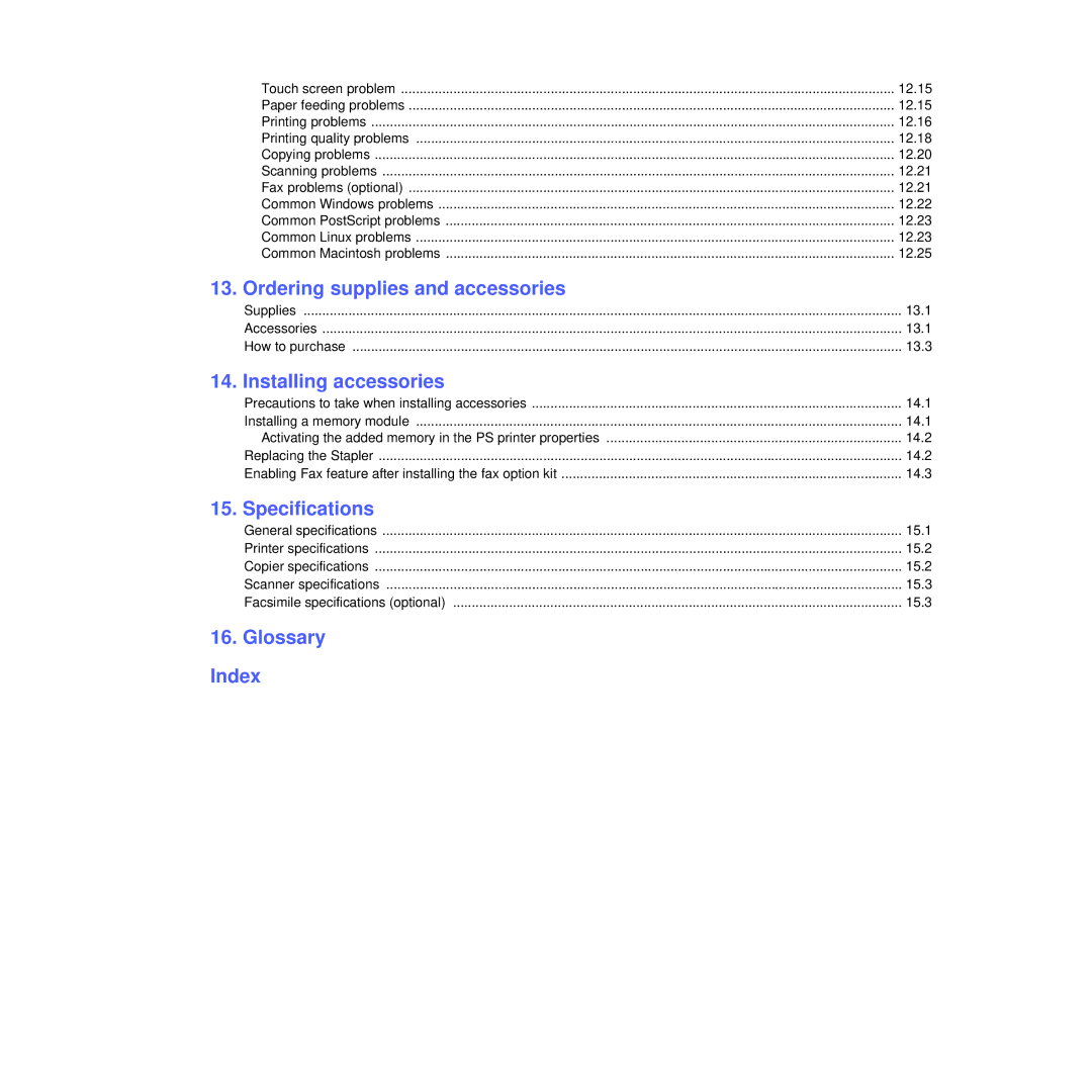 Samsung CLX-8385ND Series manual Ordering supplies and accessories, Installing accessories, Specifications, Glossary Index 