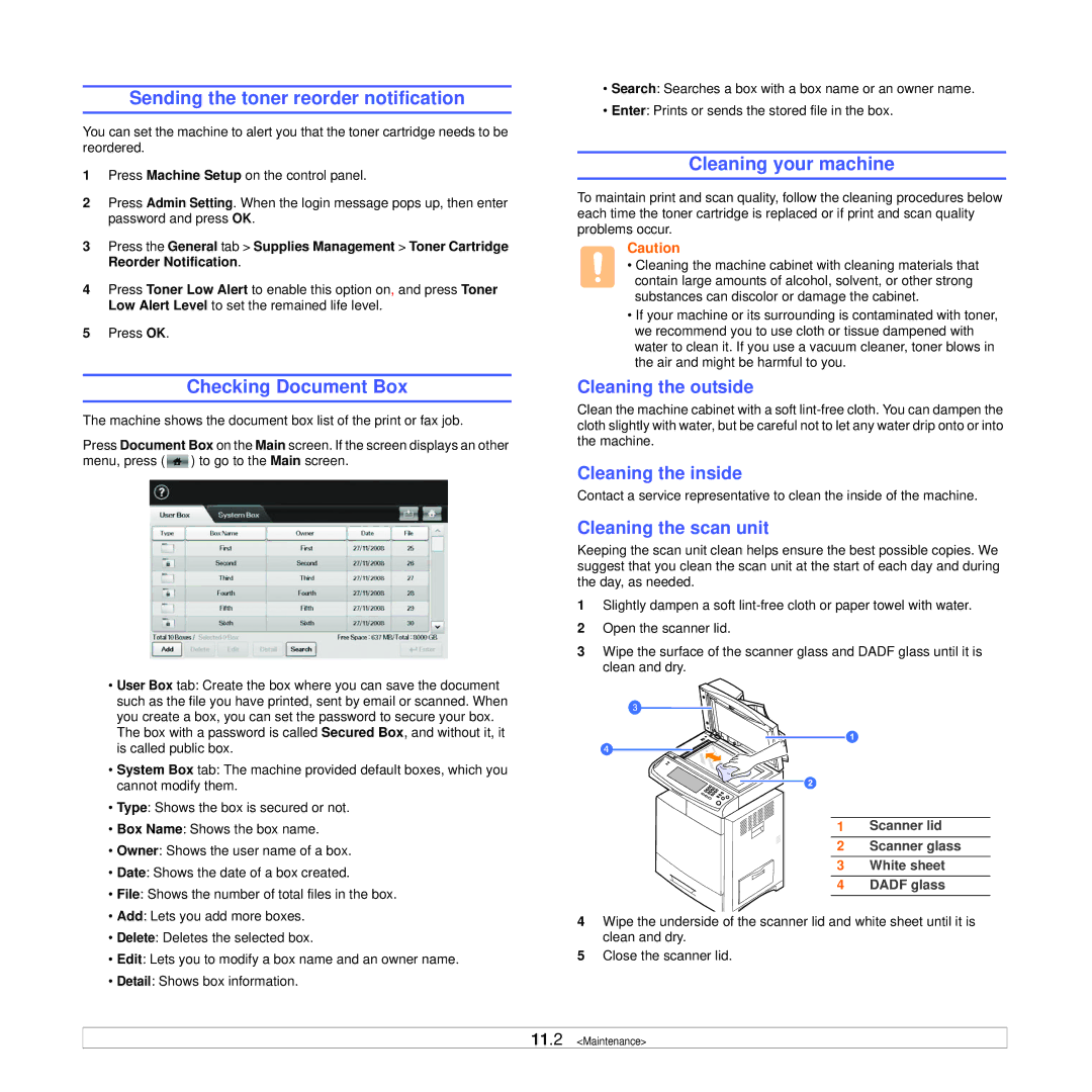 Samsung CLX-8385ND Series manual Sending the toner reorder notification, Checking Document Box, Cleaning your machine 