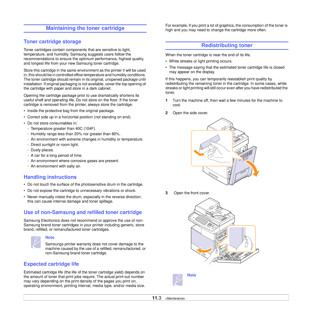 Samsung CLX-8385ND Series manual Maintaining the toner cartridge, Redistributing toner 