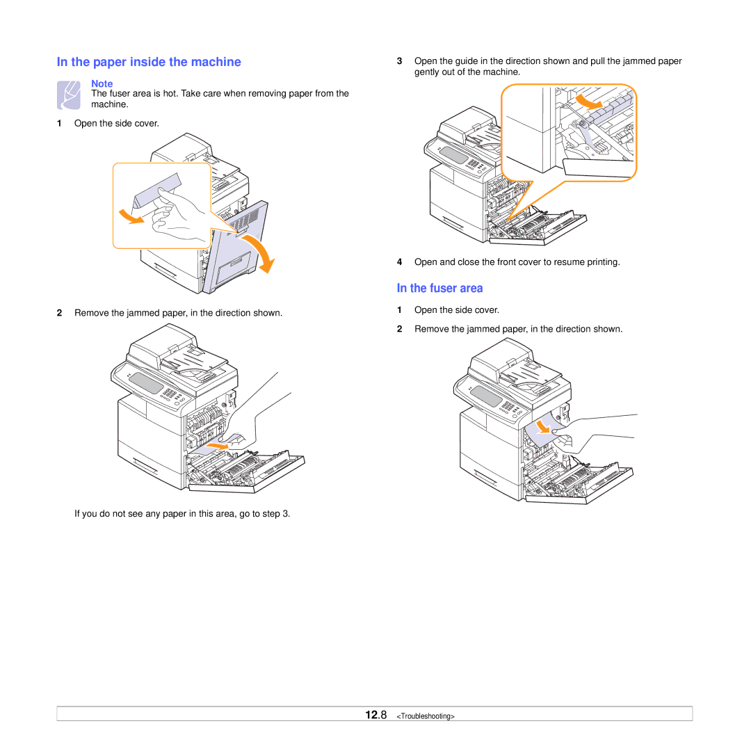 Samsung CLX-8385ND Series manual Paper inside the machine, Fuser area 