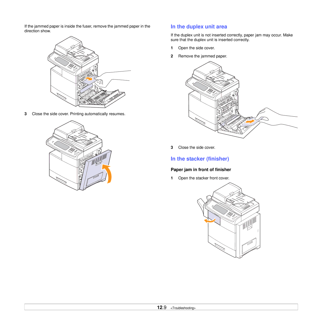 Samsung CLX-8385ND Series manual Duplex unit area, Stacker finisher, Paper jam in front of finisher 