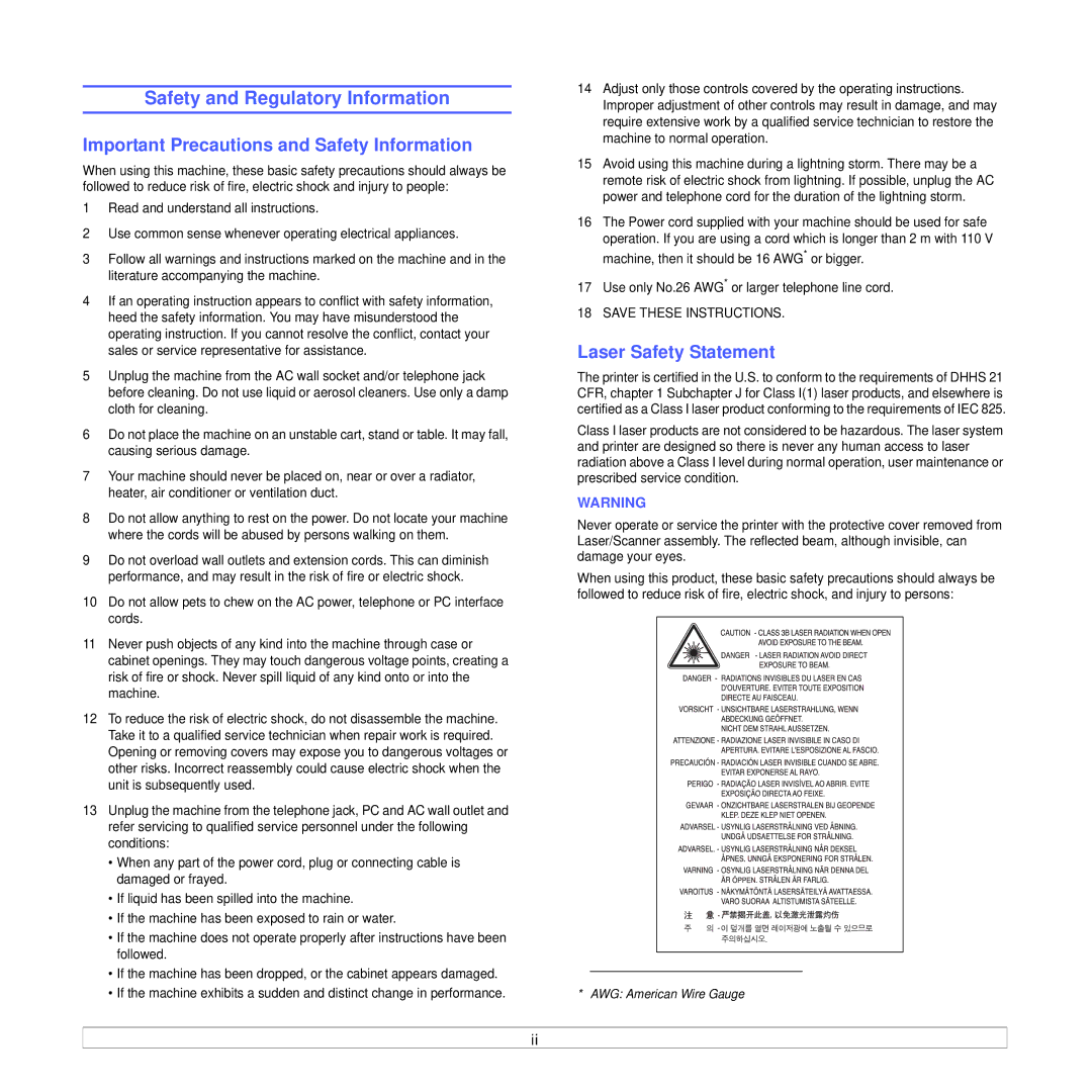 Samsung CLX-8385ND Series manual Safety and Regulatory Information, Important Precautions and Safety Information 