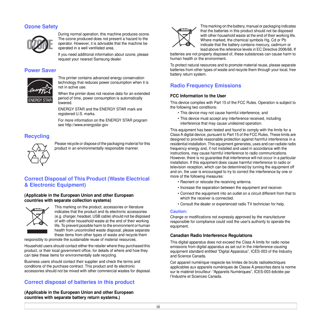 Samsung CLX-8385ND Series manual Ozone Safety, Power Saver, Recycling, Radio Frequency Emissions 